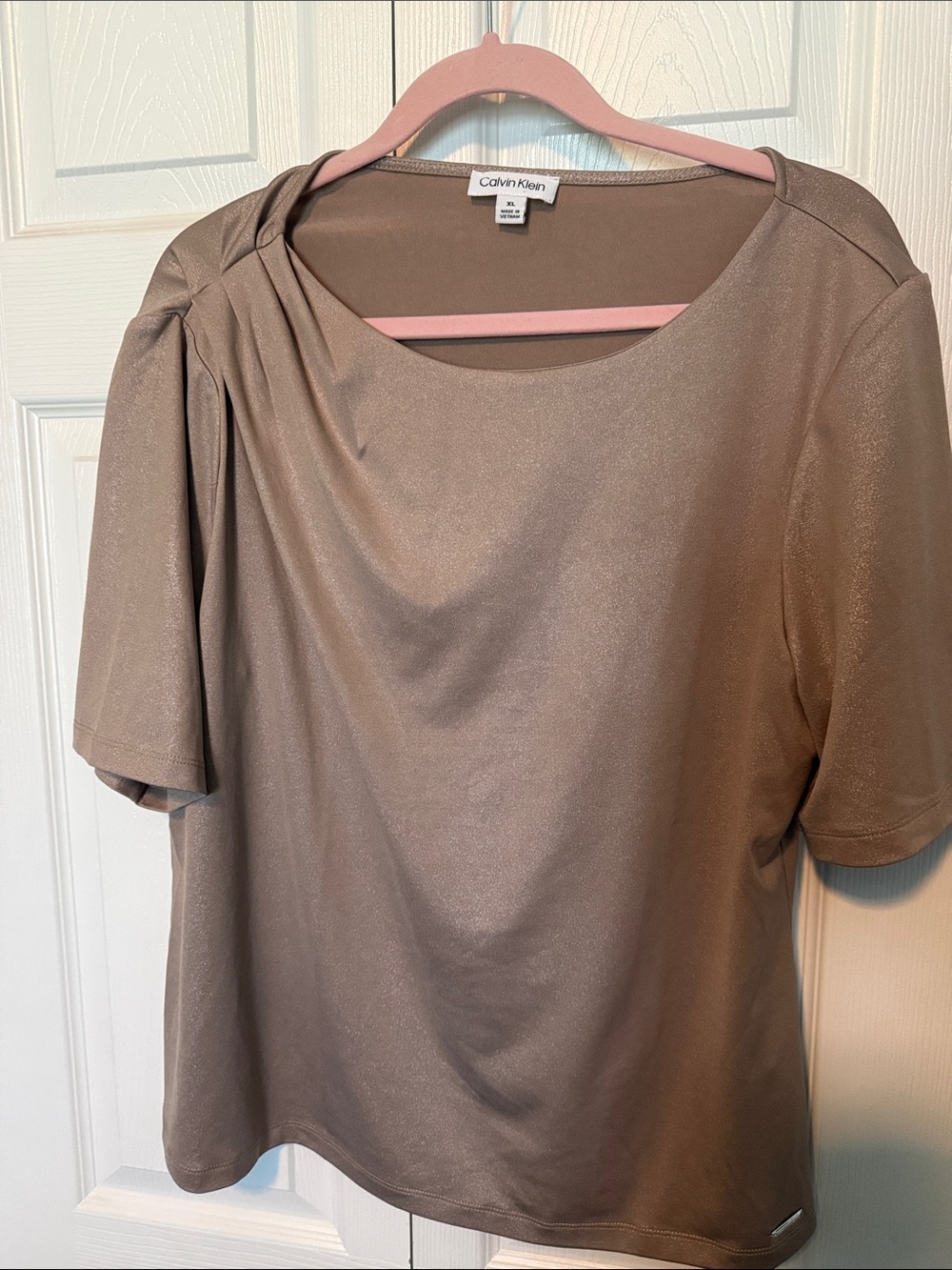 Calvin Klein Taupe Shimmer Short Sleeve Drape Top